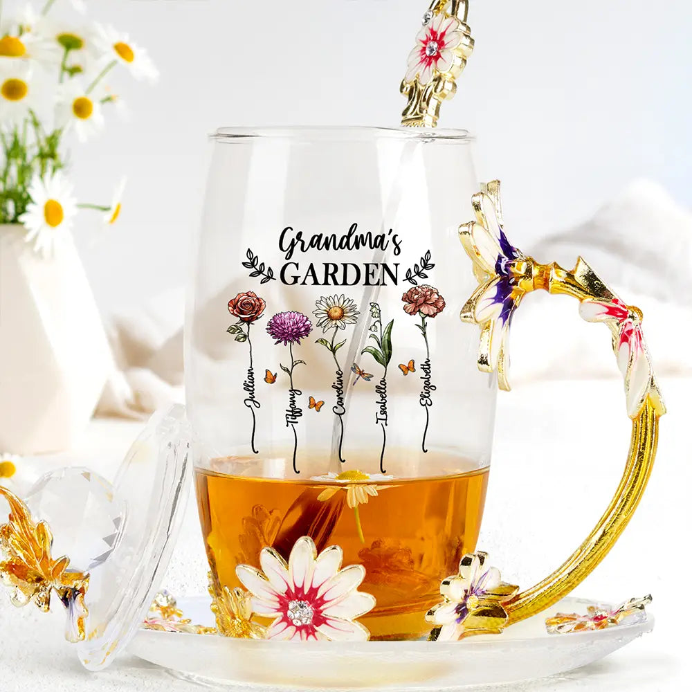 Gift For Mother,Gift For Grandma - Birth Flower Grandma's Garden - Personalized Glass Flower Tea Cup