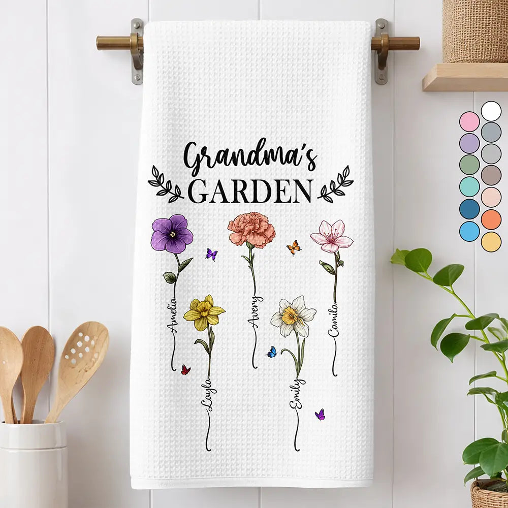Gift For Mother,Gift For Grandma,Gift For Wife,Happy - Birth Flower Grandma's Garden - Personalized Kitchen Towel