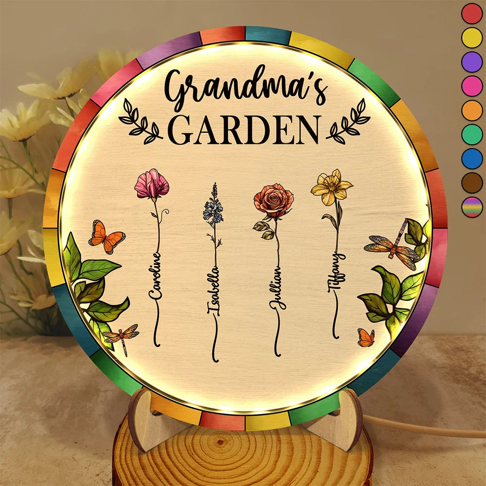 Gift For Mother,Gift For Grandma,Love - Birth Flower Grandma's Garden - Personalized LED Light Wooden Plaque
