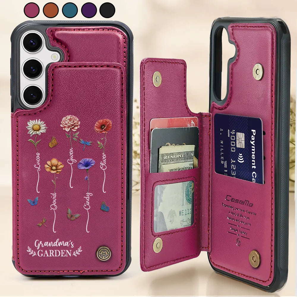 Birth Flower Grandma's Garden - Personalized Leather Flip Wallet Phone Case