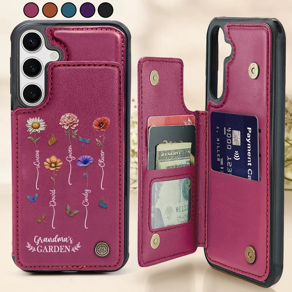 Gift For Wife, Gift For Yourself, Gift For Women, Gift For Mother, Gift For Grandma, Love - Birth Flower Grandma's Garden - Personalized Leather Flip Wallet Phone Case