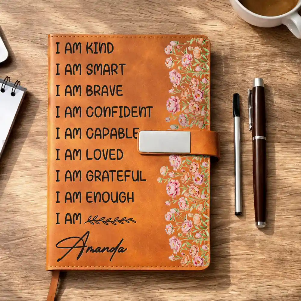 Gift For Yourself, Gift For Women, Gift For Men, Love - Birth Flower I Am Enough - Personalized Leather Notebook Set