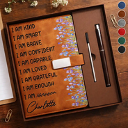 Gift For Yourself, Gift For Women, Gift For Men, Love - Birth Flower I Am Enough - Personalized Leather Notebook Set