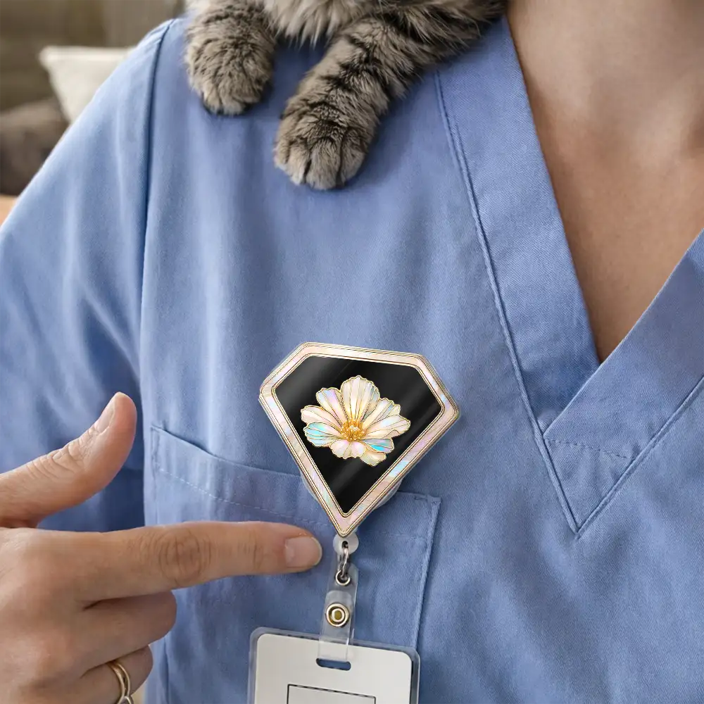 Nurse,Teacher,Gift For Women,Happy - Birth Flower Nacre Effect Custom Shape - Personalized Badge Reel