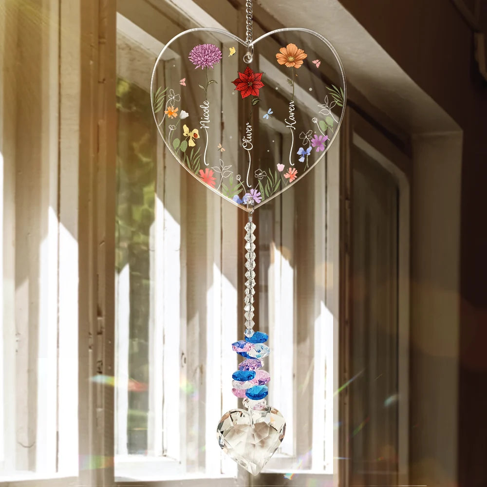 Gift For Sisters,Gift For Bestie,Old Best friends,Gift For Sibling,Love - Birth Flower Sisters Besties From The Same Garden - Personalized Heart Crystal Suncatcher