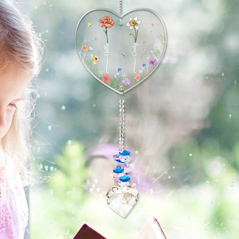 Gift For Sisters,Gift For Bestie,Old Best friends,Gift For Sibling,Love - Birth Flower Sisters Besties From The Same Garden - Personalized Heart Crystal Suncatcher