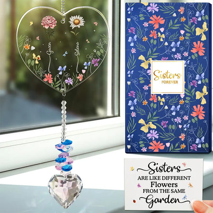 Birth Flower Sisters Besties From The Same Garden - Personalized Heart Crystal Suncatcher