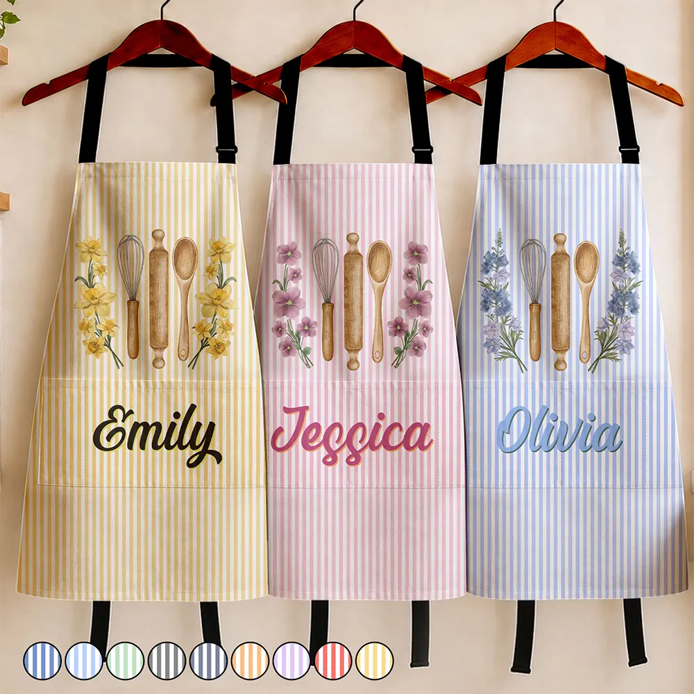 Top Market,Gift For Yourself,Cooking,Gift For Women,Icon,Happy - Birth Flower Striped Pattern - Personalized Apron