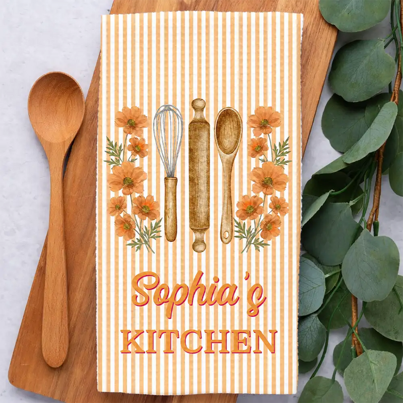 Top Market,Gift For Yourself,Cooking,Gift For Women,Icon,Happy - Birth Flower Striped Pattern - Personalized Kitchen Towel