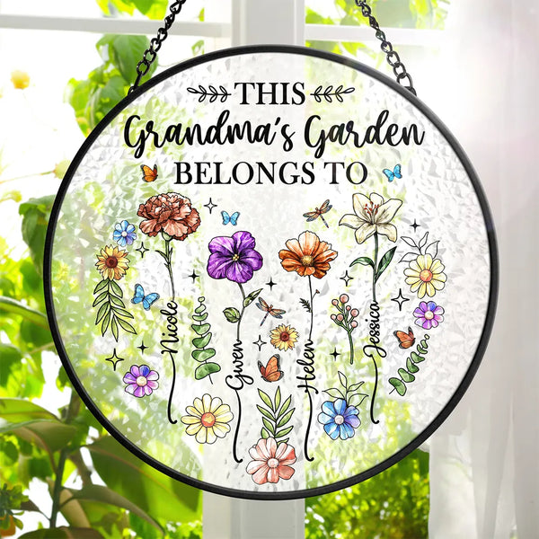 Gift For Yourself,Gift For Women,Gift For Mother,Gift For Grandma - Birth Flower This Grandma's Mom's Garden Belongs - Personalized Stained Glass Window Hanging Suncatcher