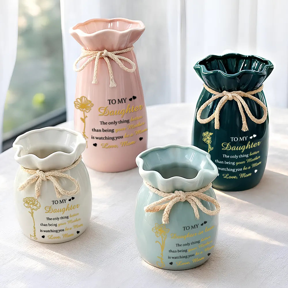 Gift For Daughter,Mom,Daughters (Adult),Happy - Birth Flower Watching You Be A Mom - Personalized Ribbon Tie Flower Vase