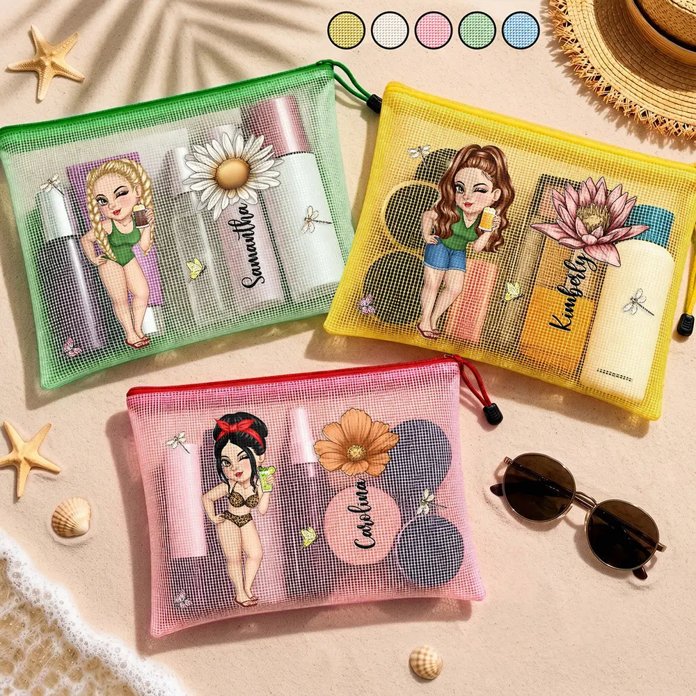 Confident,Gift For Bestie,Beach,Summer,Vector,Custom Text - Birth Flower Woman, Besties, Sisters For Summer And Travel - Personalized Mesh Zipper Pouch