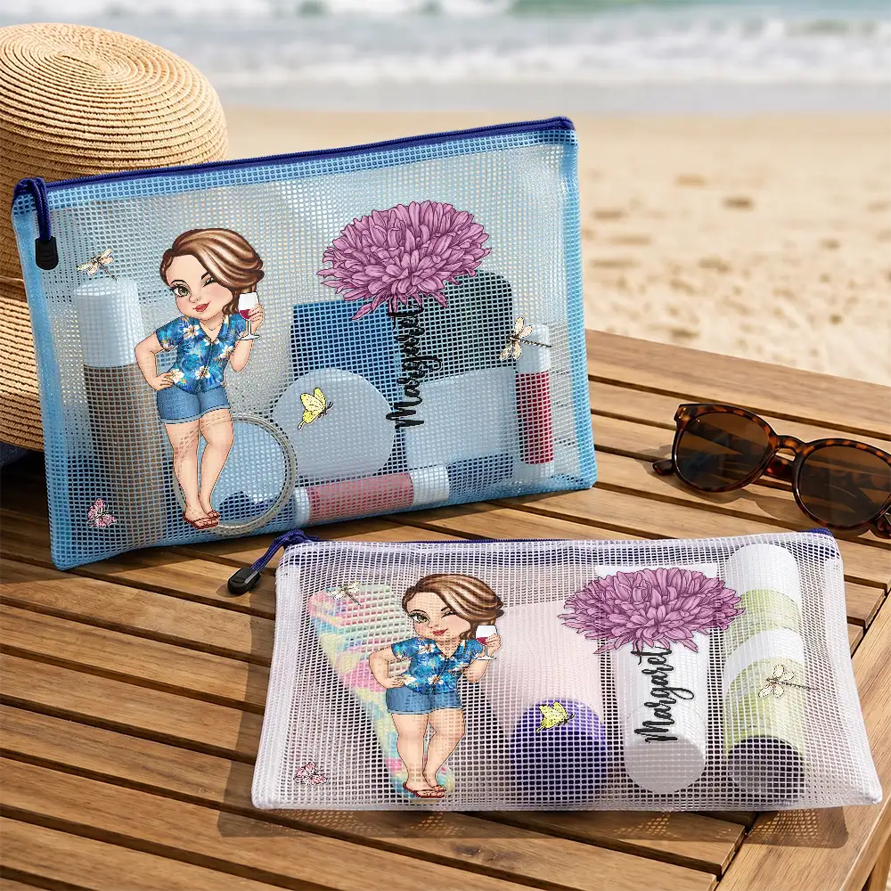 Confident,Gift For Bestie,Beach,Summer,Vector,Custom Text - Birth Flower Woman, Besties, Sisters For Summer And Travel - Personalized Mesh Zipper Pouch