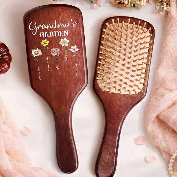 Gift For Wife,Gift For Women,Gift For Mother,Gift For Grandma,Happy - Birth Flowers Grandma's Garden - Personalized Wooden Hair Brush