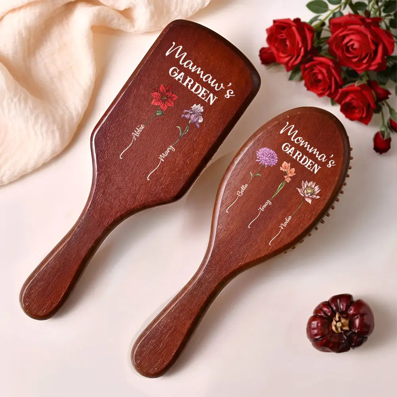 Gift For Wife,Gift For Women,Gift For Mother,Gift For Grandma,Happy - Birth Flowers Grandma's Garden - Personalized Wooden Hair Brush