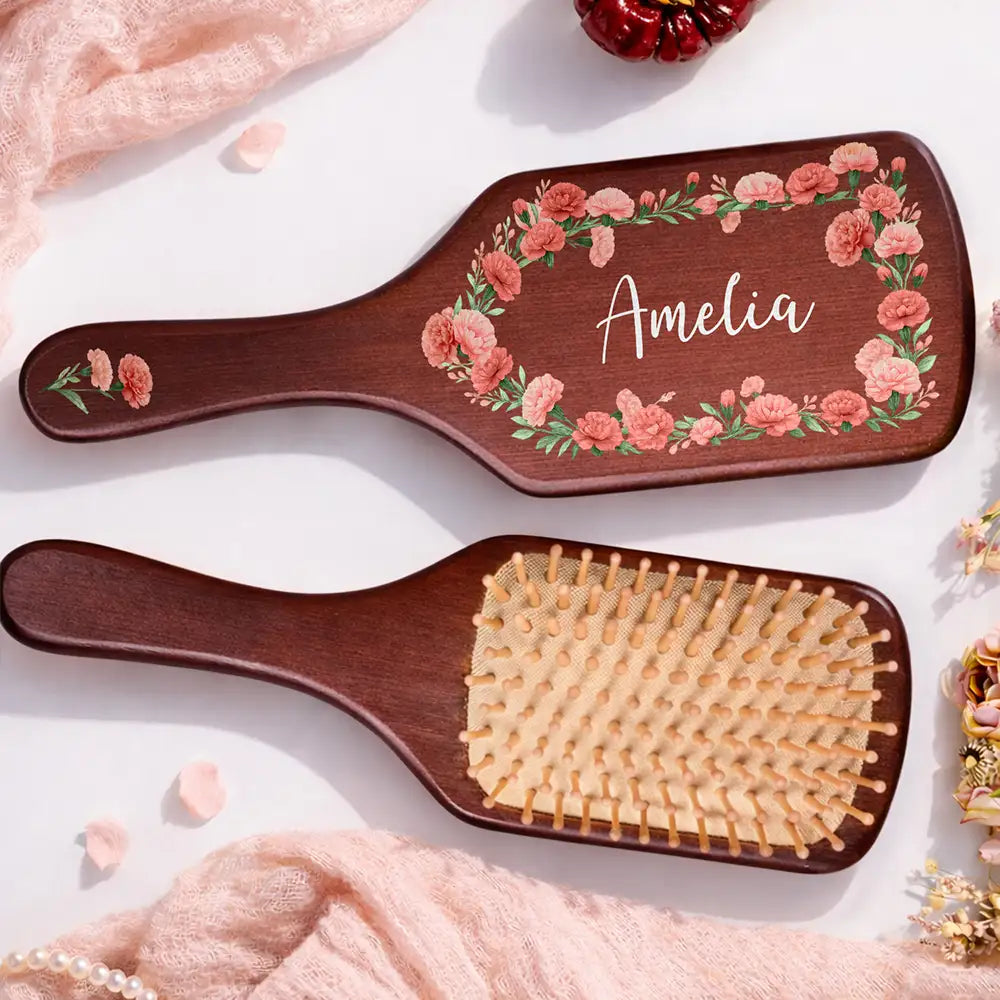 Birth Flowers Women Girl Bestie Sister Mom - Personalized Wooden Hair Brush