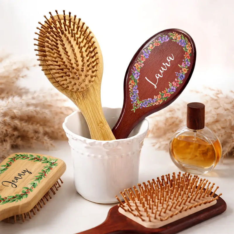 Gift For Wife,Gift For Girlfriend,Gift For Women,Gift For Yourself,Gift For Aunt,Gift For Mother,Gift For Grandma,Gift For Daughter,Gift For Sisters,Gift For Bestie,Happy - Birth Flowers Women Girl Bestie Sister Mom - Personalized Wooden Hair Brush