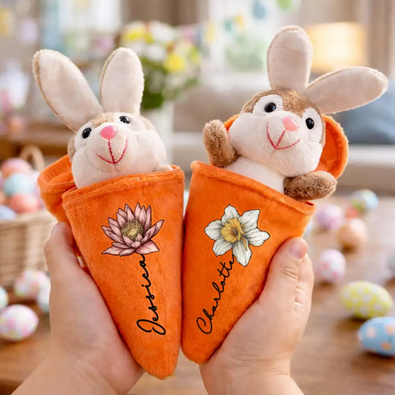 Easter,Happy,Parents,Dad - Children,Mom - Children,Gift For Kids - Birth Month Flower And Name - Personalized Plush Reversible Carrot Bunny Keychain