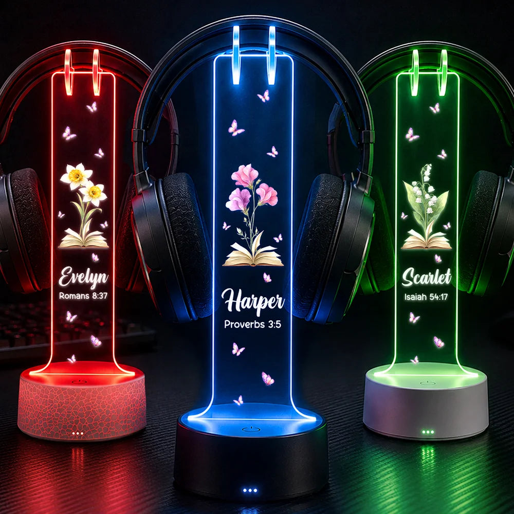 Top Market, Gift For Yourself, Healing, Icon - Birth Month Flower Bible Verse References - Personalized Headphone Stand