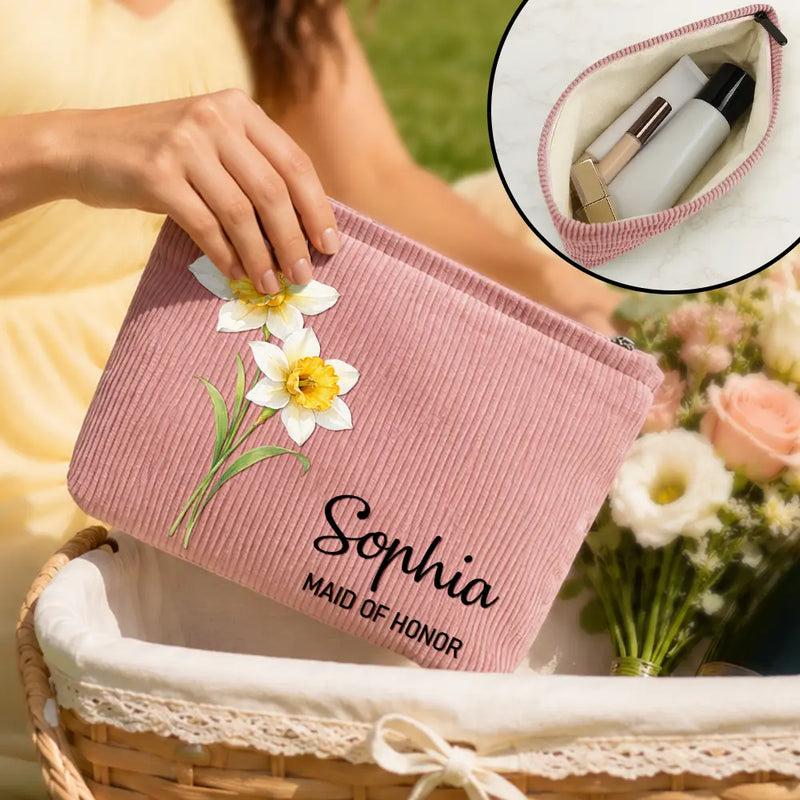 Confident,Gift For Yourself,Gift For Women,Icon - Watercolor Birth Month Flower Blooming With Beauty - Personalized Corduroy Makeup Bag