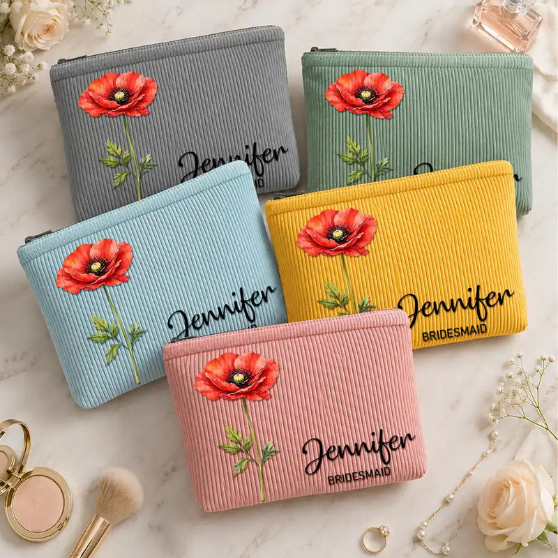 Confident,Gift For Yourself,Gift For Women,Icon - Watercolor Birth Month Flower Blooming With Beauty - Personalized Corduroy Makeup Bag