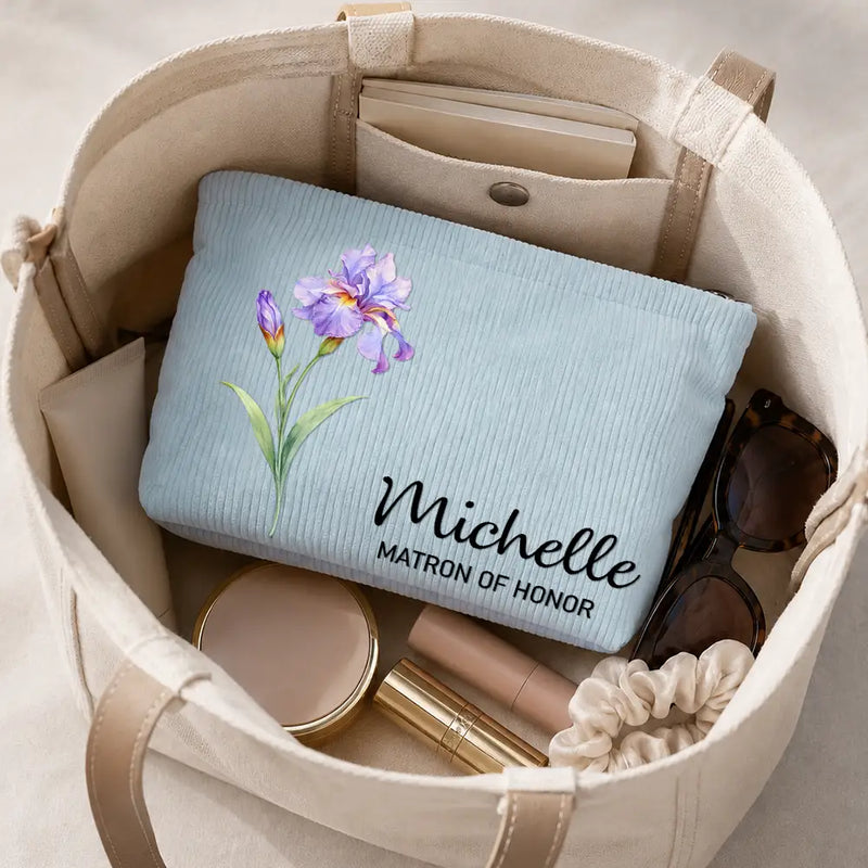 Confident,Gift For Yourself,Gift For Women,Icon - Watercolor Birth Month Flower Blooming With Beauty - Personalized Corduroy Makeup Bag