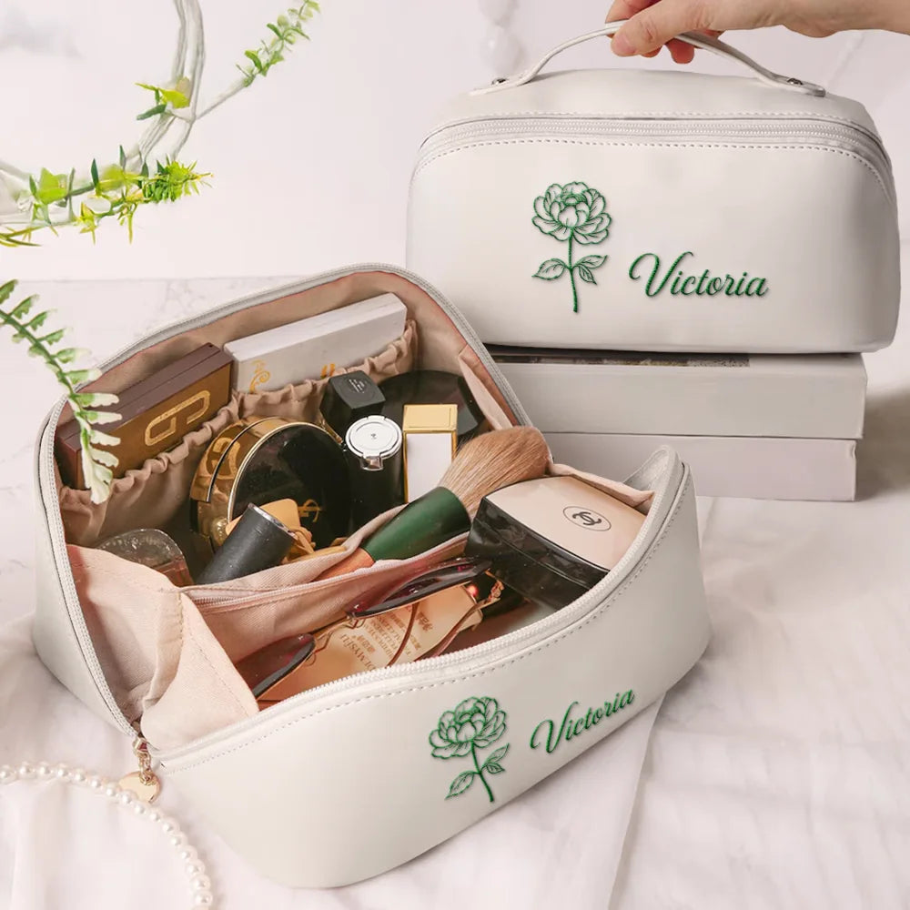 Gift For Women,Happy,Gift For Bestie,Gift For Sisters,Gift For Daughter - Birth Month Flower Blooming In Love - Personalized Embroidered Leather Makeup Bag