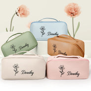 Gift For Women,Happy,Gift For Bestie,Gift For Sisters,Gift For Daughter - Birth Month Flower Blooming In Love - Personalized Embroidered Leather Makeup Bag