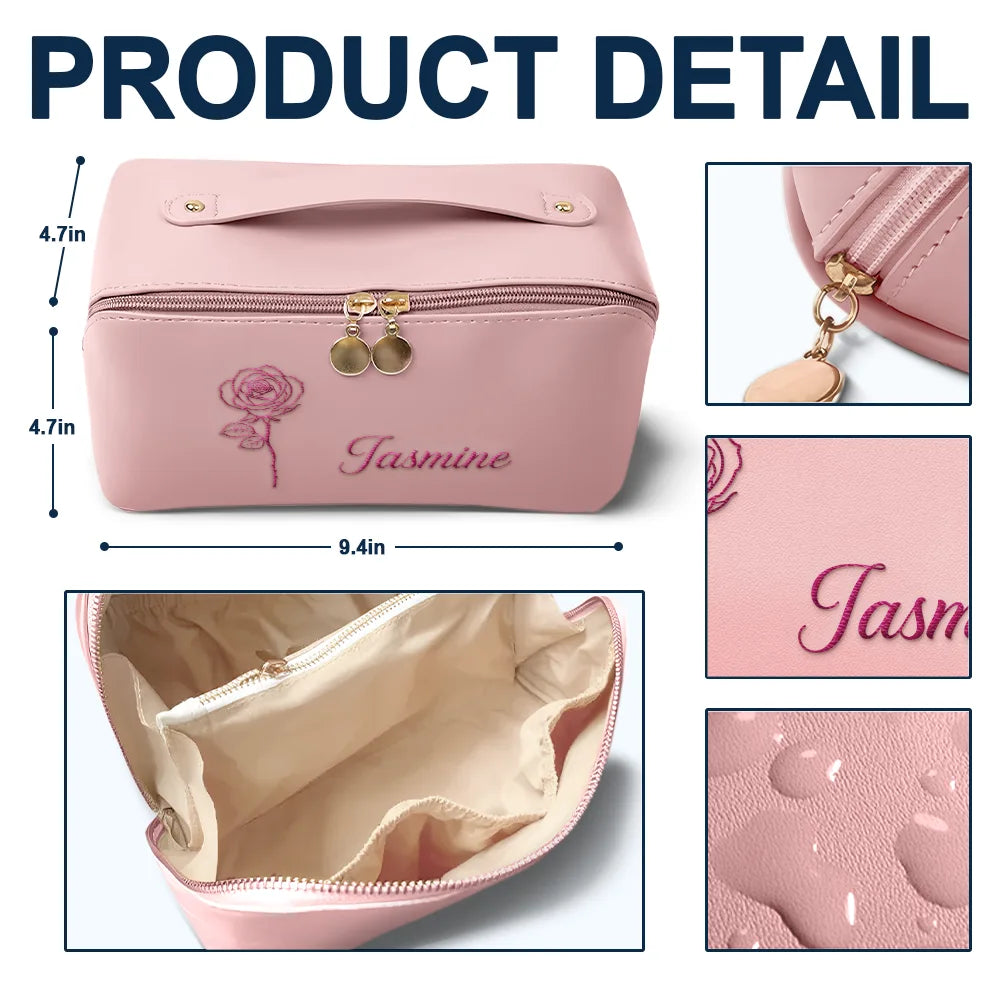 Gift For Women,Happy,Gift For Bestie,Gift For Sisters,Gift For Daughter - Birth Month Flower Blooming In Love - Personalized Embroidered Leather Makeup Bag
