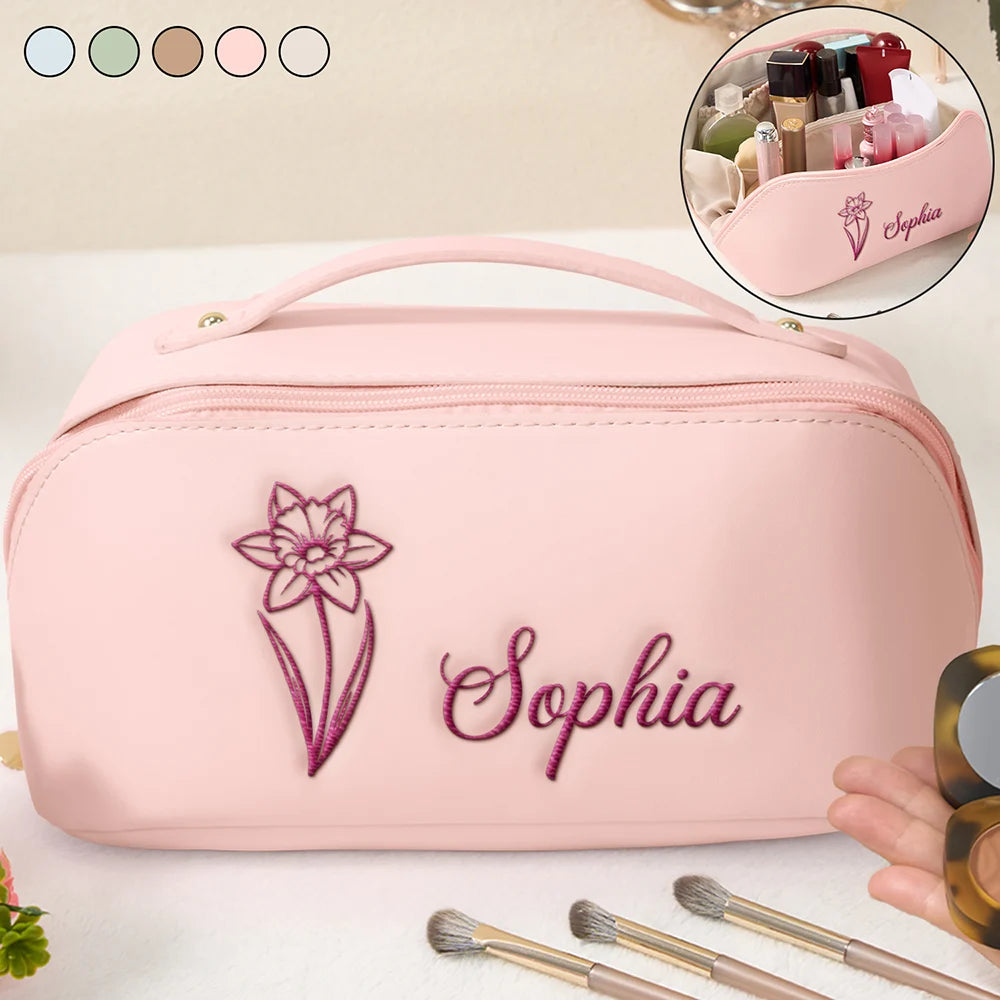 Gift For Women,Happy,Gift For Bestie,Gift For Sisters,Gift For Daughter - Birth Month Flower Blooming In Love - Personalized Embroidered Leather Makeup Bag