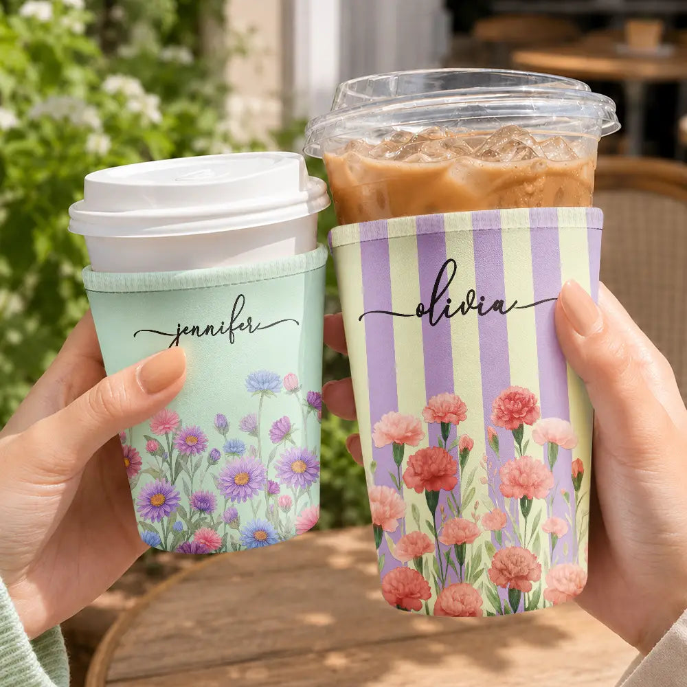 Gift For Yourself,Gift For Women,Icon,Happy - Birth Month Flower Blooming In Love Gift For Her, Friends, Sisters - Personalized Iced Coffee Sleeve