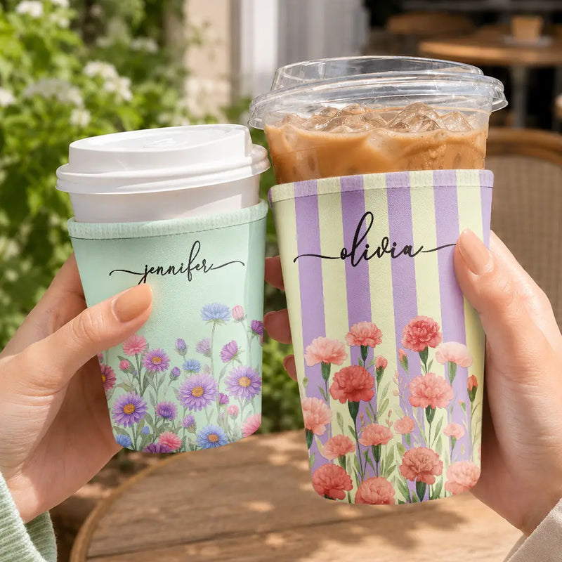 Gift For Yourself,Gift For Women,Icon,Happy - Birth Month Flower Blooming In Love Gift For Her, Friends, Sisters - Personalized Iced Coffee Sleeve