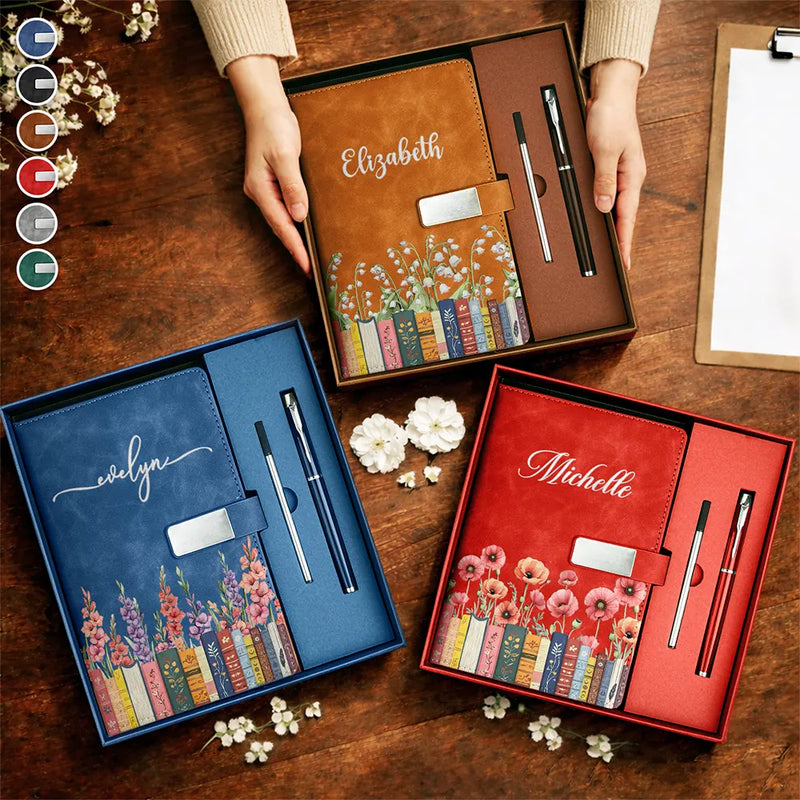 Christmas, Reading, Gift For Yourself, Gift For Women, Icon, Happy - Birth Month Flower Bookshelf - Personalized Leather Notebook Set