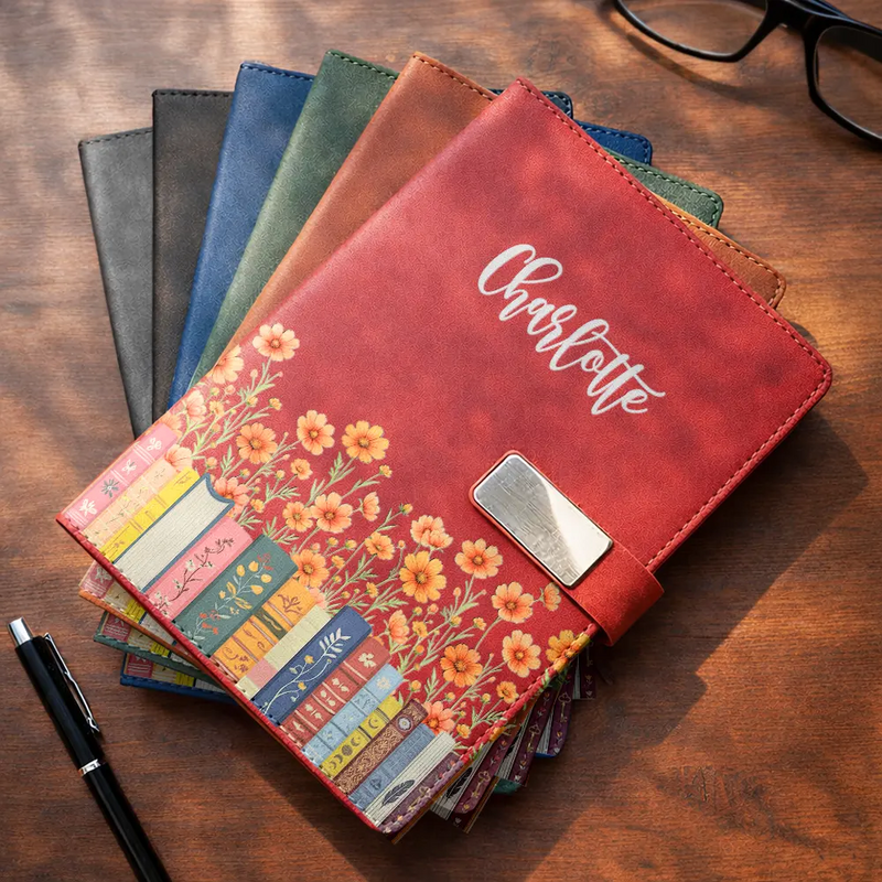 Christmas, Reading, Gift For Yourself, Gift For Women, Icon, Happy - Birth Month Flower Bookshelf - Personalized Leather Notebook Set