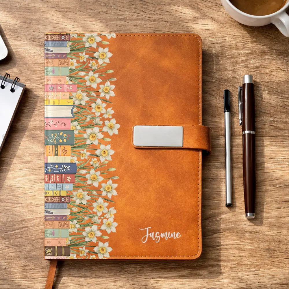 Christmas, Reading, Gift For Yourself, Gift For Women, Icon, Happy - Birth Month Flower Bookshelf - Personalized Leather Notebook Set
