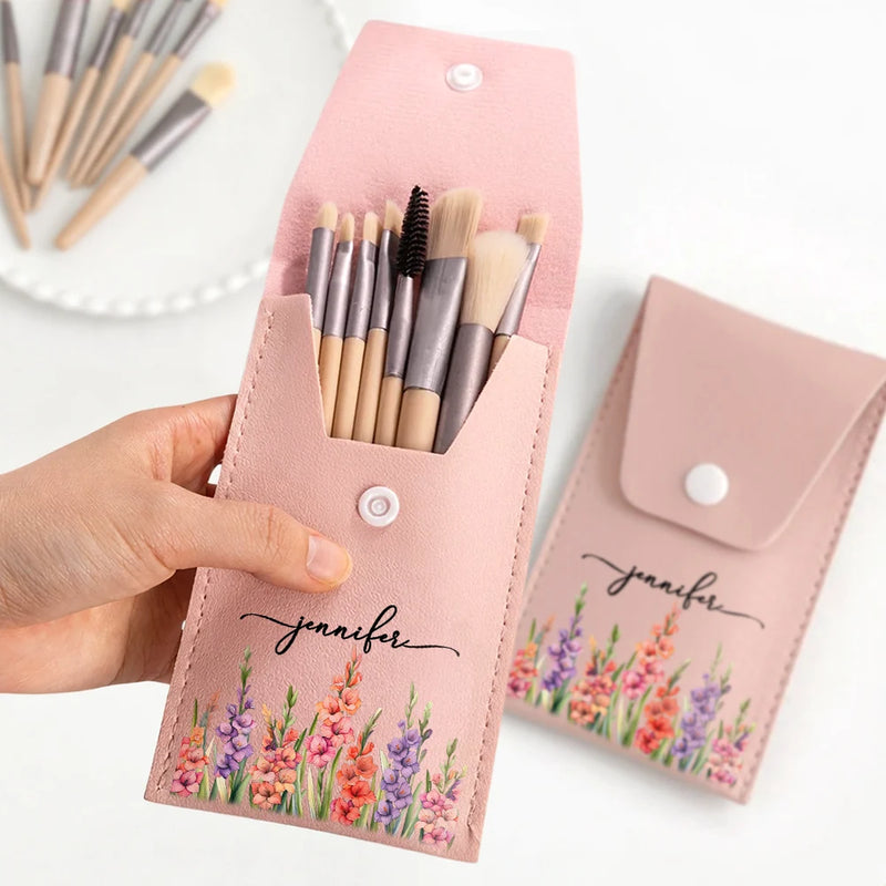 Gift For Yourself,Gift For Women,Gift For Mother,Happy - Birth Month Flower Filed & Name - Personalized Makeup Brush Bag Set