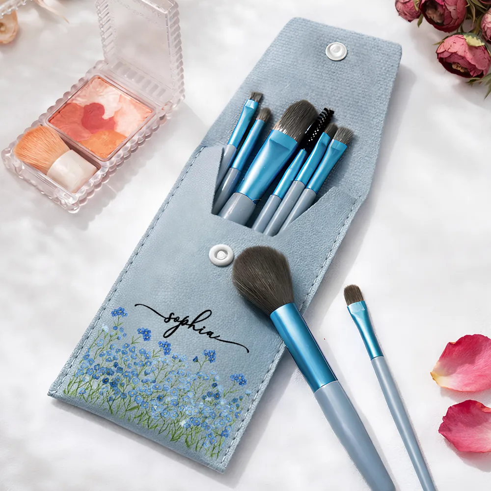 Gift For Yourself,Gift For Women,Gift For Mother,Happy - Birth Month Flower Filed & Name - Personalized Makeup Brush Bag Set