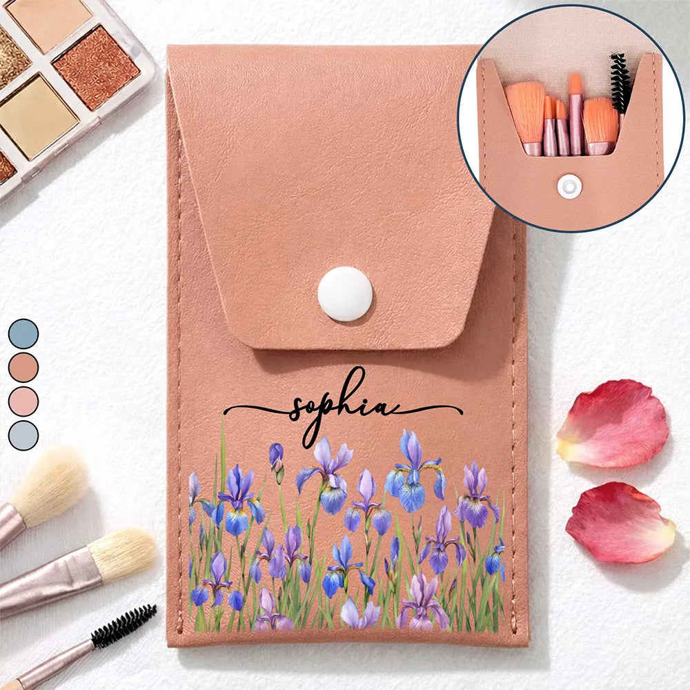 Gift For Yourself,Gift For Women,Gift For Mother,Happy - Birth Month Flower Filed & Name - Personalized Makeup Brush Bag Set
