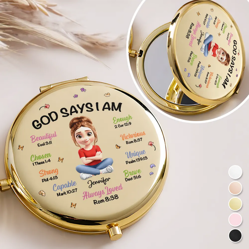Gift For Women,Christian,Happy - Birth Month Flower God Says I Am - Personalized Compact Mirror