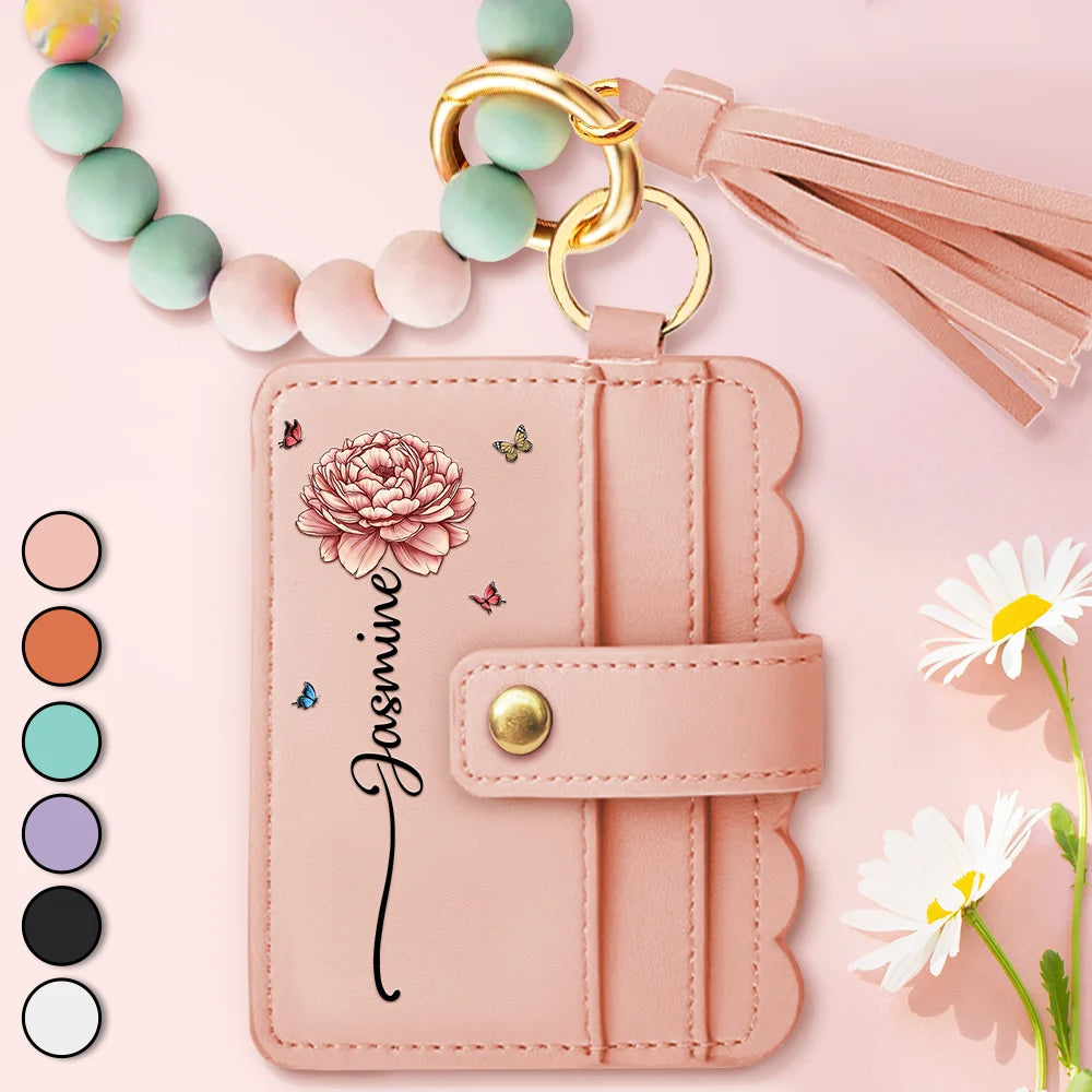 Birth Month Flower Name - Personalized Keychain Wristlet Leather Wallet