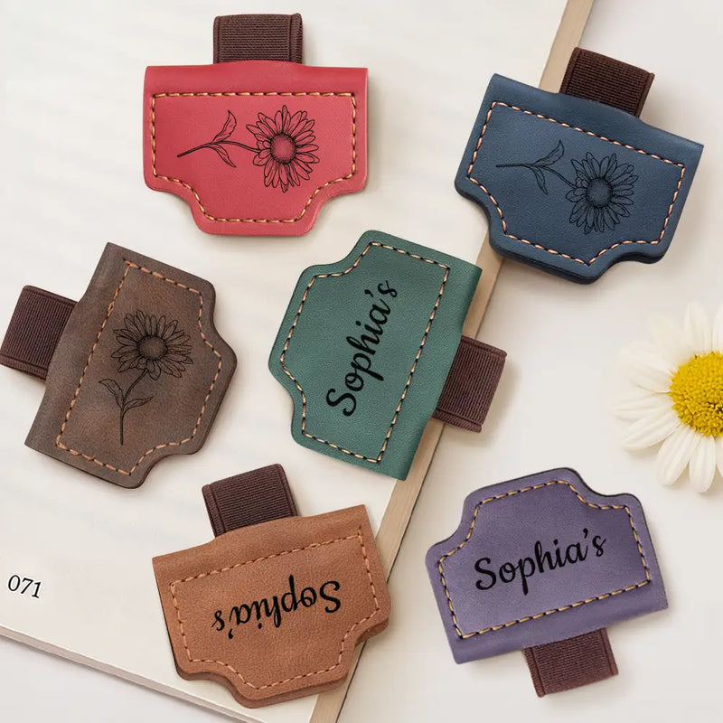 Gift For Yourself,Happy - Birth Month Flower Name Sketch - Personalized Magnetic Leather Pen Clip