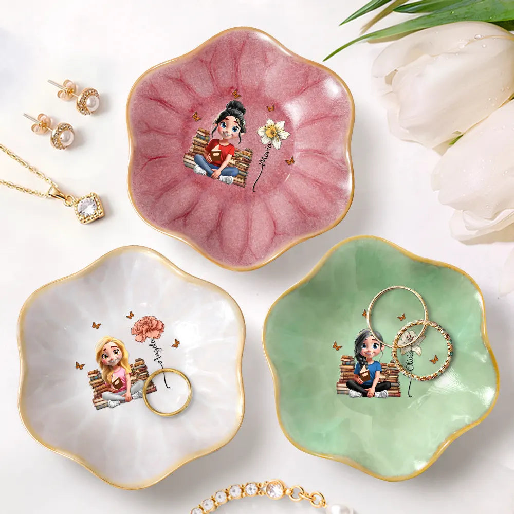 Gift For Yourself, Gift For Women, Happy, Reading - Birth Month Flower Reading Girl - Personalized Lotus Jewelry Dish