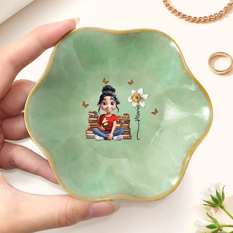 Gift For Yourself, Gift For Women, Happy, Reading - Birth Month Flower Reading Girl - Personalized Lotus Jewelry Dish