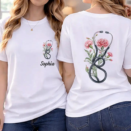 Birth Month Flower Stethoscope Nurse - Personalized T Shirt
