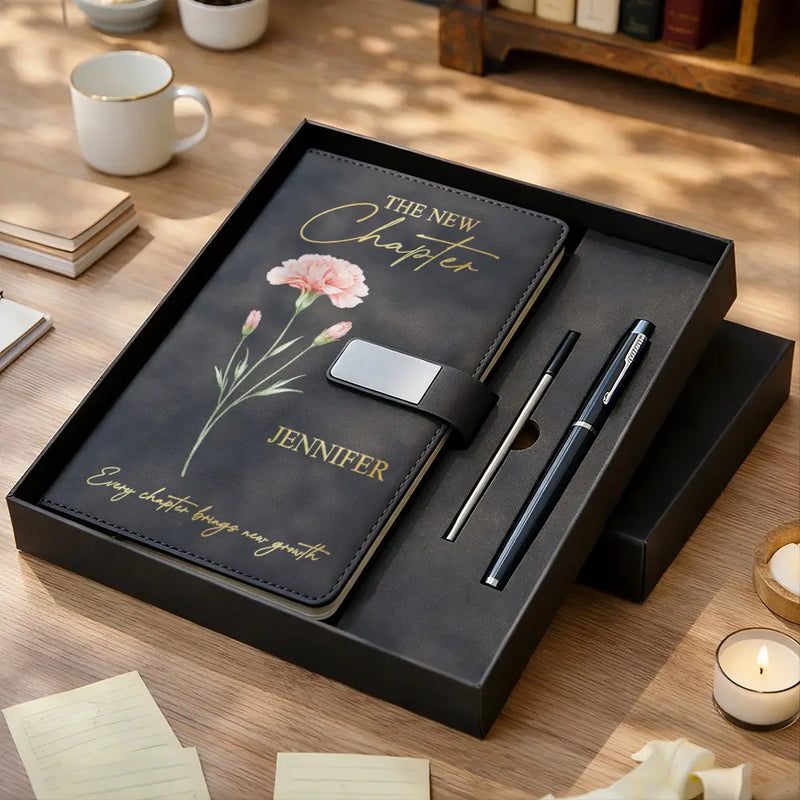 Gift For Women,Gift For Daughter,Gift For Bestie,Happy,Graduation - Birth Month Flower The New Chapter - Personalized Leather Notebook Set