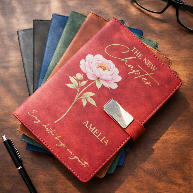 Gift For Women,Gift For Daughter,Gift For Bestie,Happy,Graduation - Birth Month Flower The New Chapter - Personalized Leather Notebook Set