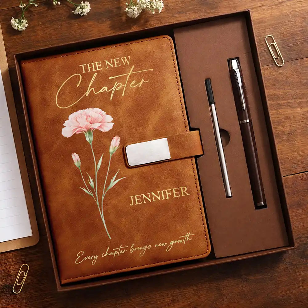 Gift For Women,Gift For Daughter,Gift For Bestie,Happy,Graduation - Birth Month Flower The New Chapter - Personalized Leather Notebook Set