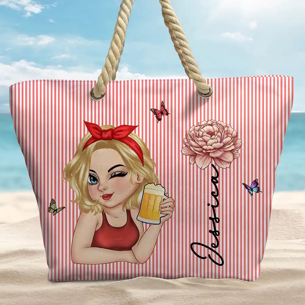 Gift For Yourself,Gift For Women,Beach,Summer,Playful,Vector - Birth Month Flower Turban Woman Stripe Pattern - Personalized Beach Bag