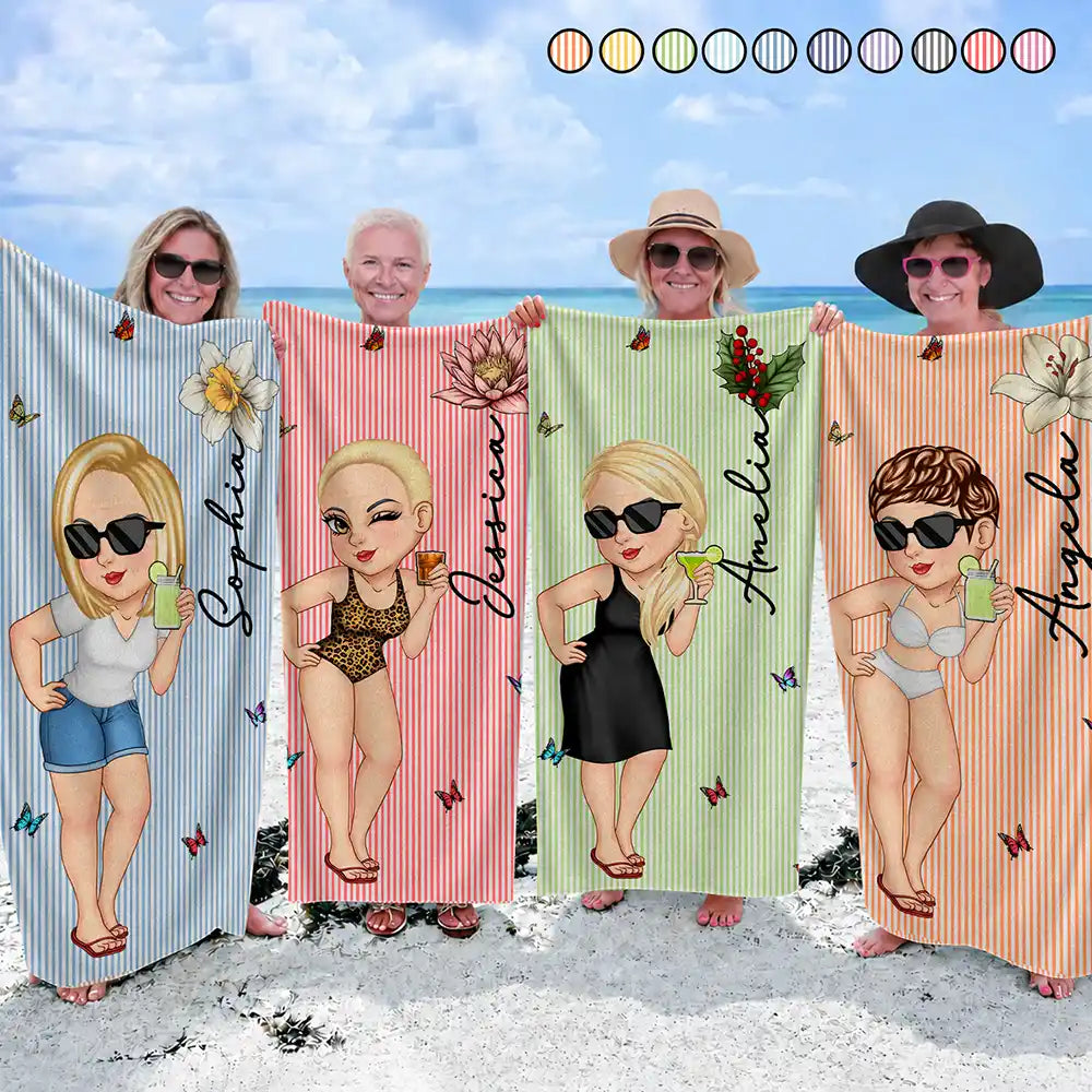 Gift For Yourself, Gift For Women, Beach, Summer, Playful, Vector - Birth Month Flower Turban Woman Stripe Pattern - Personalized Beach Towel