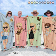 Gift For Yourself, Gift For Women, Beach, Summer, Playful, Vector - Birth Month Flower Turban Woman Stripe Pattern - Personalized Beach Towel